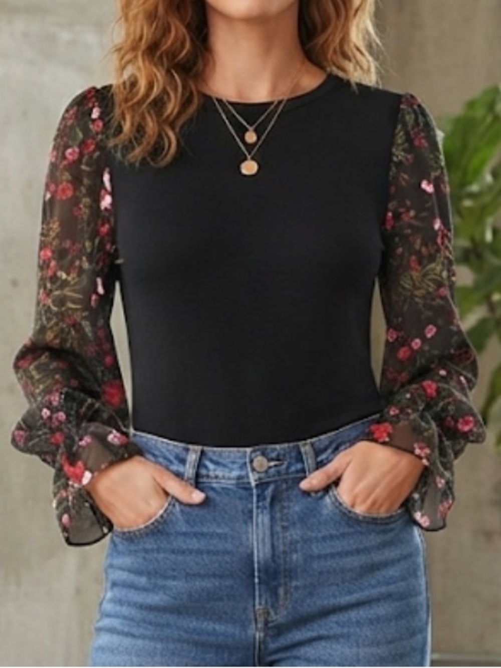 CATHERINE MALANDRINO Mixed Media Floral Puff Sleeve Blouse Medium